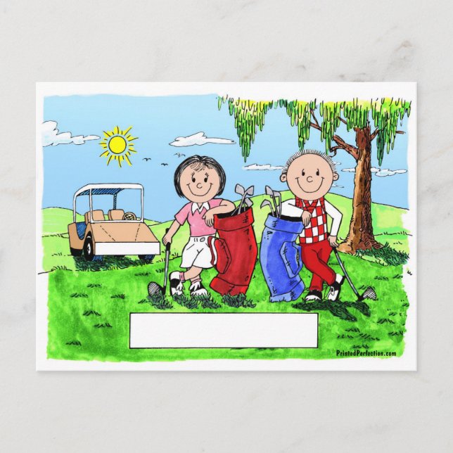 Personalised Golf Couple Cartoon Caricature Postcard (Front)