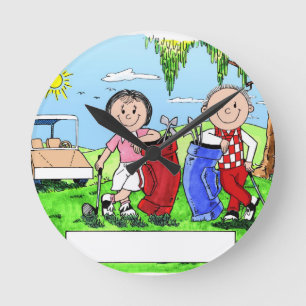Personalised Golf Couple Cartoon Caricature Round Clock