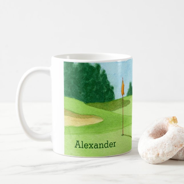 Personalised Golf Course Green Illustration Coffee Mug (With Donut)