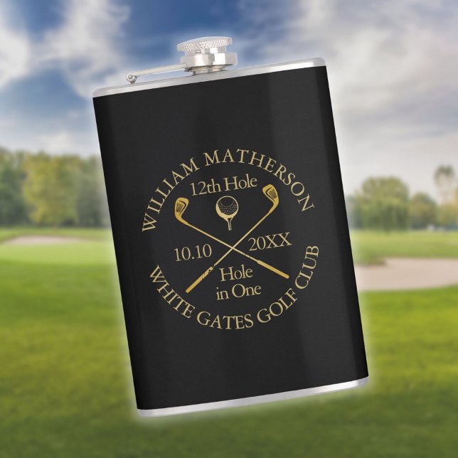Personalised Golf Hole in One Black And Gold Hip Flask (Personalized Golf Hole in One Black And Gold Flask)