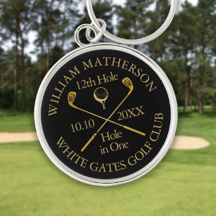 Personalised Golf Hole in One Black And Gold Key Ring
