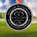 Personalised Golf Hole in One Black And White Metal Ornament<br><div class="desc">Personalise the name,  location hole number and date to create a great golf keepsake to celebrate that fantastic hole in one. Designed by Thisisnotme©</div>