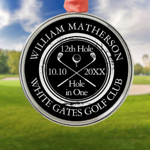 Personalised Golf Hole in One Black And White Metal Ornament