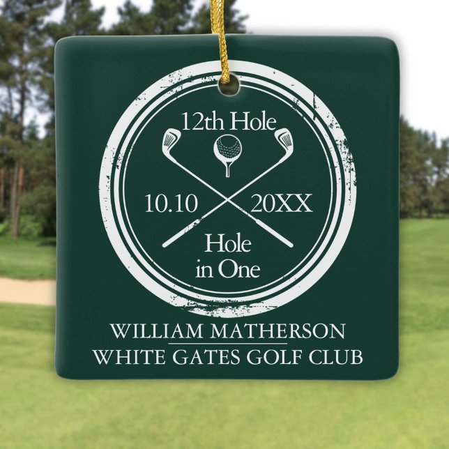 Personalised Golf Hole In One Retro Emerald Green Ceramic Ornament (Personalized Golf Hole In One Retro Emerald Green Ceramic Ornament)
