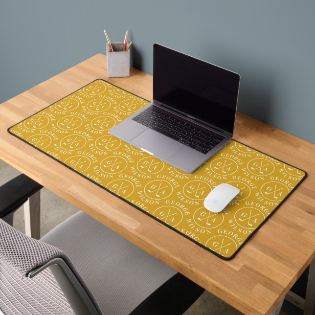 Personalised Golf Monogram Gold Effect Custom Name Desk Mat (Office 2)