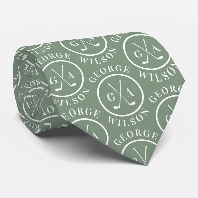 Personalised Golf Monogram Name Sage green Golf Tie (Rolled)