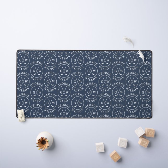 Personalised Golf Monogram Navy Blue Custom Name Desk Mat (Kids Table)