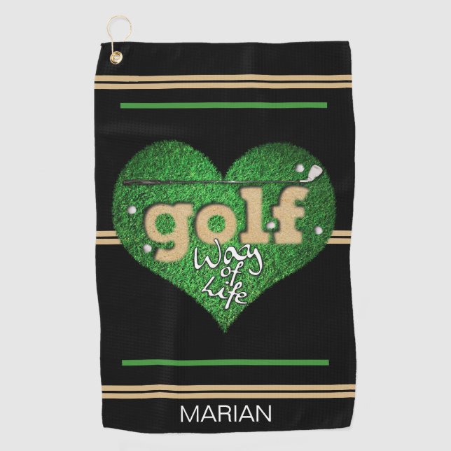 Personalised GOLF Way of Life Black/Green/Mustard  Towel (Front)