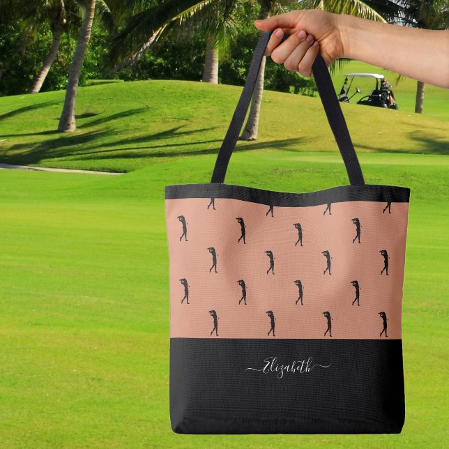 Personalised Golfer Modern Silhouette Brown Black Tote Bag (Personalized Golfer Modern Silhouette Brown Black Tote Bag Custom Name For Her)