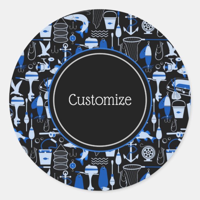 Personalised Gone Fishing Blue Pattern Classic Round Sticker (Front)