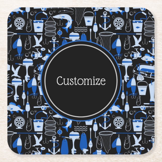 Personalised Gone Fishing Blue Pattern Square Paper Coaster (Front)