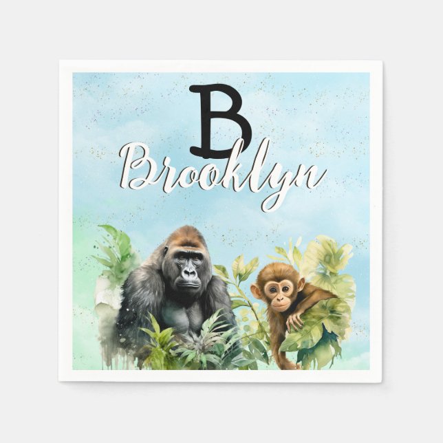 Personalised Gorilla Chimpanzee Jungle Monogram Napkin (Front)