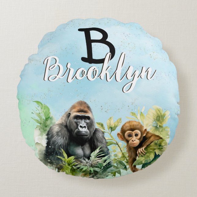 Personalised Gorilla Chimpanzee Jungle Monogram Round Cushion (Front)