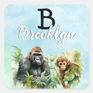 Personalised Gorilla Chimpanzee Jungle Monogram Square Sticker