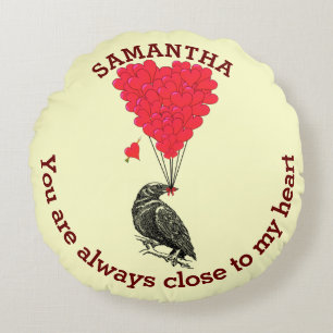 Personalised gothic crow and red valentines heart round cushion