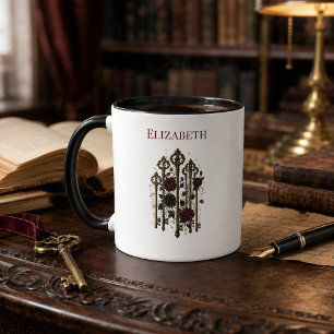 Personalised Gothic Keys Burgundy Roses Two Tone Mug