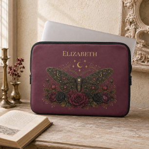 Personalised Gothic Moth Burgundy Roses Laptop Sleeve