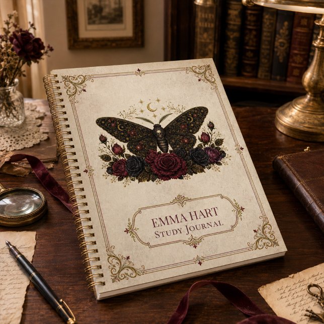 Personalised Gothic Moth Roses Dark Academia  Notebook (Personalized Gothic Moth Roses Dark Academia Notebook)