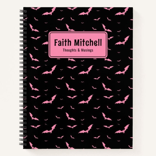 Personalised Gothic Pink Black Bat Pattern Spiral Notebook (Front)