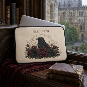 Personalised Gothic Raven Roses Vintage Ivory Laptop Sleeve