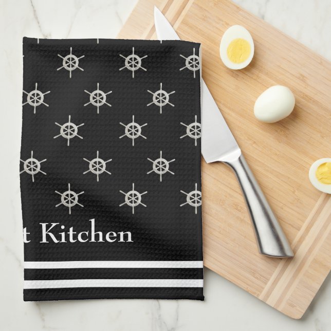 Personalised Gourmet Kitchen B&W Boat Helm  Tea Towel (Quarter Fold)