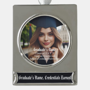 Personalised Grad Photo and Name, Graduation Class Silver Plated Banner Ornament