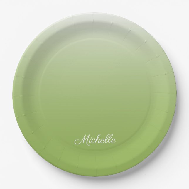 Personalised gradient ombre greenery green paper plate (Front)