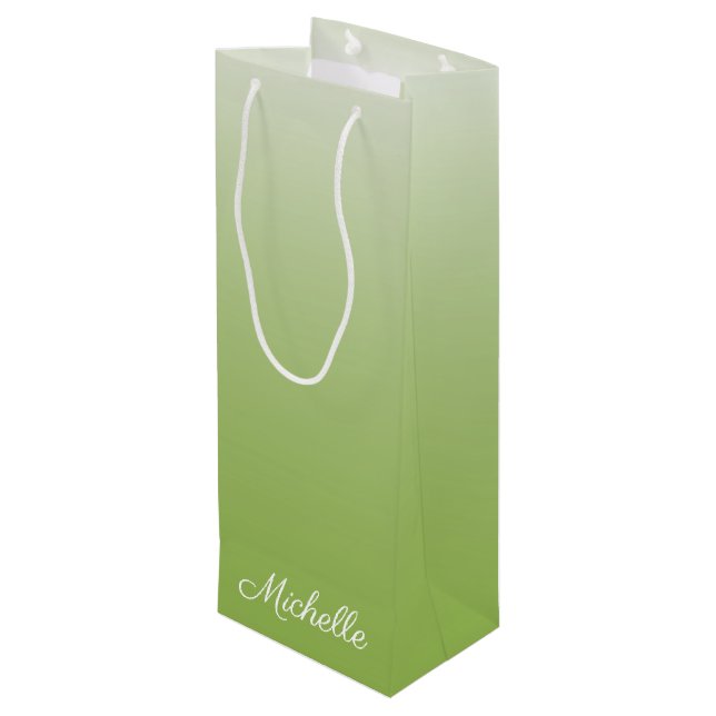 Personalised gradient ombre greenery green wine gift bag (Back Angled)