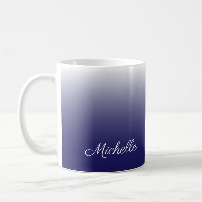 Personalised gradient ombre navy blue coffee mug (Left)