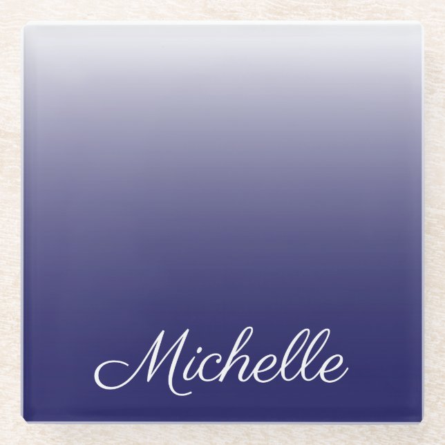 Personalised gradient ombre navy blue glass coaster (Front)