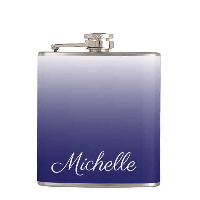 Personalised gradient ombre navy blue hip flask (Front)
