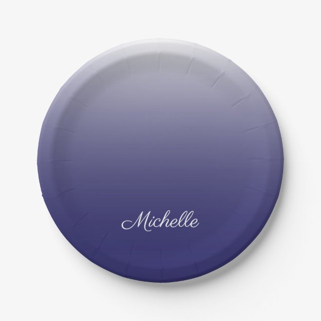 Personalised gradient ombre navy blue paper plate (Front)