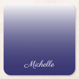 Personalised gradient ombre navy blue square paper coaster