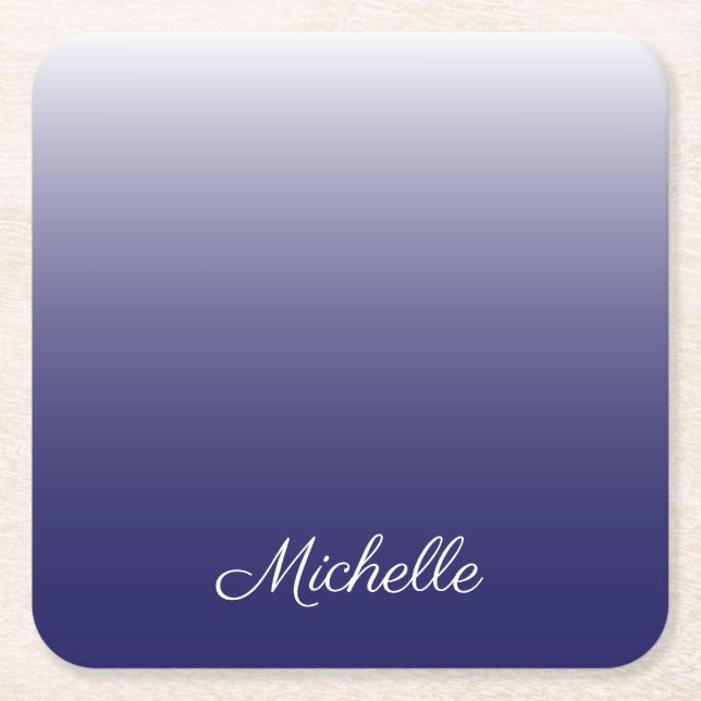 Personalised gradient ombre navy blue square paper coaster (Front)