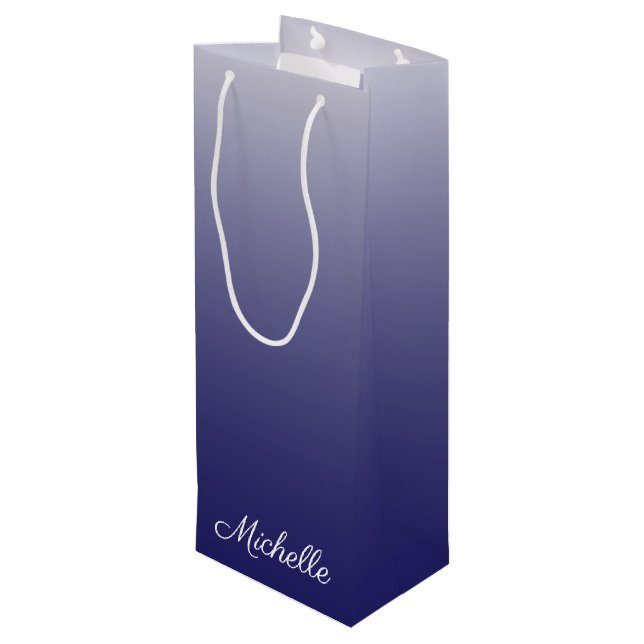 Personalised gradient ombre navy blue wine gift bag (Back Angled)
