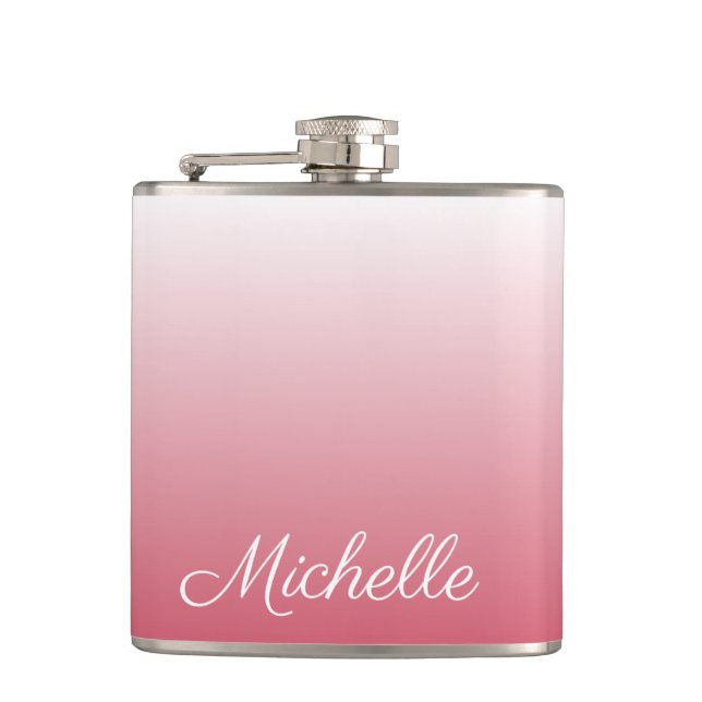 Personalised gradient ombre salmon pink hip flask (Front)