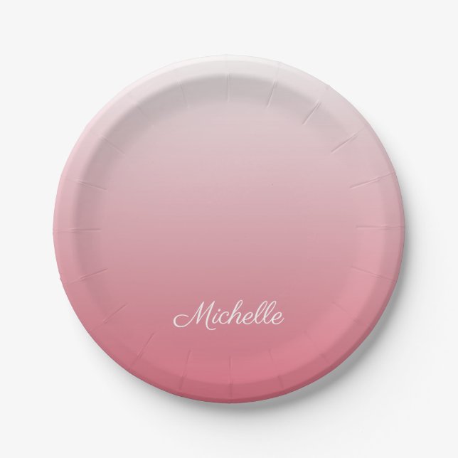 Personalised gradient ombre salmon pink paper plate (Front)