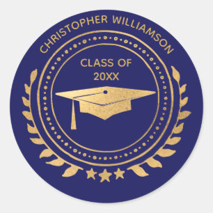 Personalised Graduate Gold Blue Monogram Classic Round Sticker