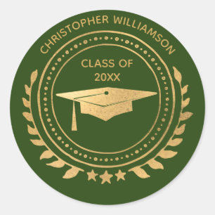 Personalised Graduate Green Gold Classic Monogram Round Sticker