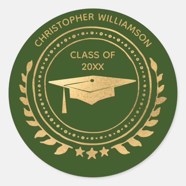 Personalised Graduate Green Gold Classic Monogram Round Sticker (Front)