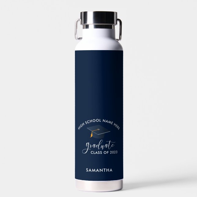 Personalised Graduation 2024 Navy Blue High School Water Bottle (Front)