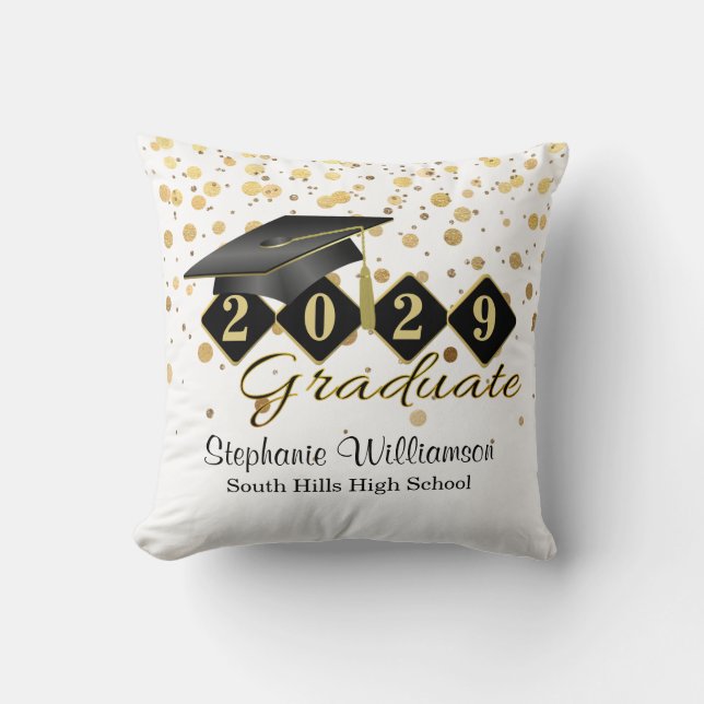 Personalised Graduation Black & Gold Confetti Cushion (Front)