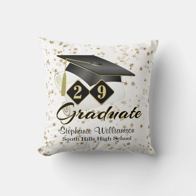 Personalised Graduation Black & Gold Stars Cushion (Front)