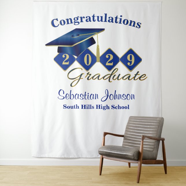 Personalised Graduation Blue & Gold Party Backdrop Tapestry (In Situ)