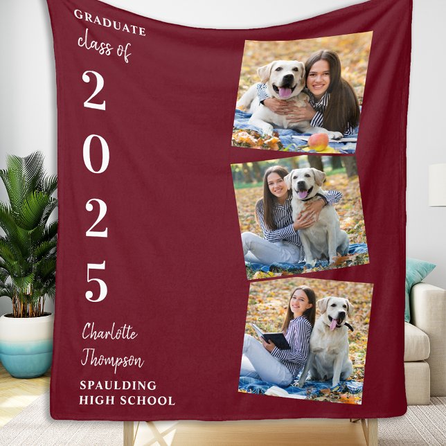 Personalised Graduation Burgundy Photo Collage Fleece Blanket (Creator Uploaded)
