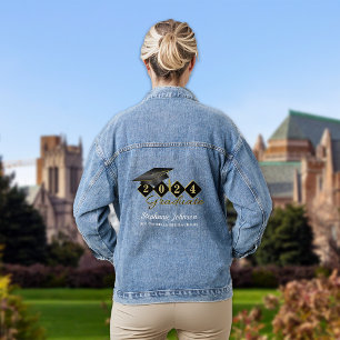 Personalised Graduation Cap Black Gold Denim Jacket
