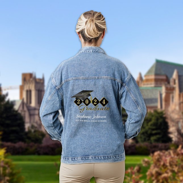 Personalised Graduation Cap Black Gold Denim Jacket (Personalized Graduation Cap Black Gold Denim Jacket)