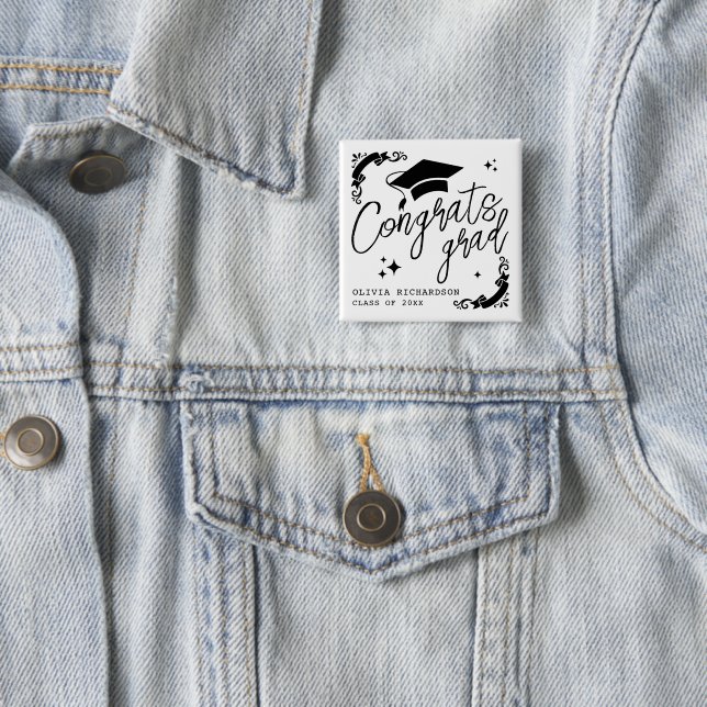 Personalised Graduation Elegant Script Stars & Cap 15 Cm Square Badge (In Situ)