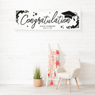 Personalised Graduation Elegant Script Stars & Cap Banner