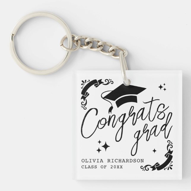 Personalised Graduation Elegant Script Stars & Cap Key Ring (Front)